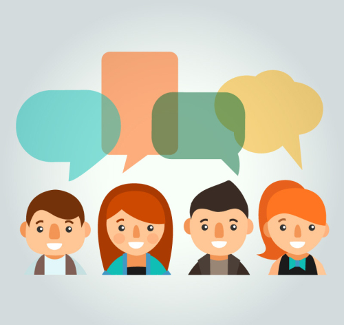 Four cartoon characters and language bubbles Vector